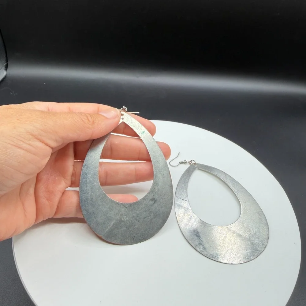 Silver Tone Oversized Teardrop Dangle Earrings Boho Statement Fishhook Pierced